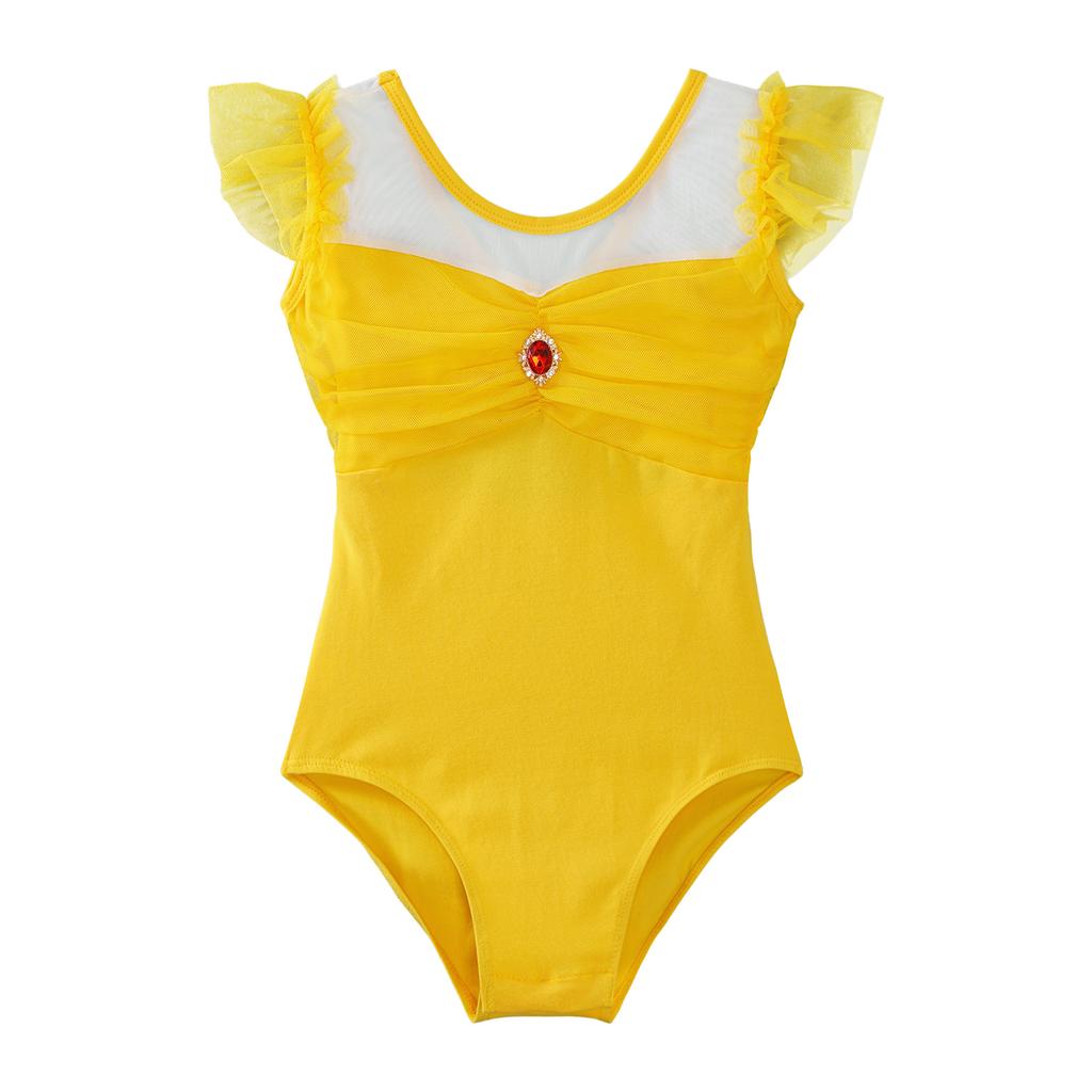 Girls Ruffle Sleeve Leotard Ruched Mesh Patchwork Cutout Back Bodysuit