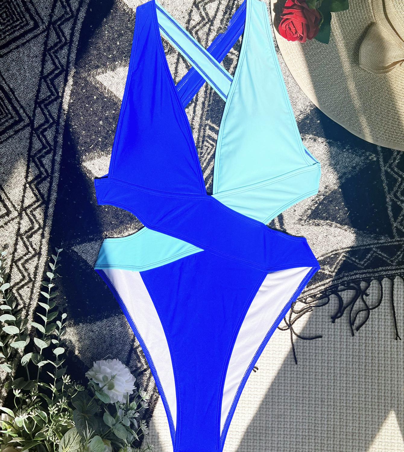 

Женский купальник с цветными блоками, цельный сексуальный бикини с вырезом, бразильская пляжная одежда, 6 цветов L синий