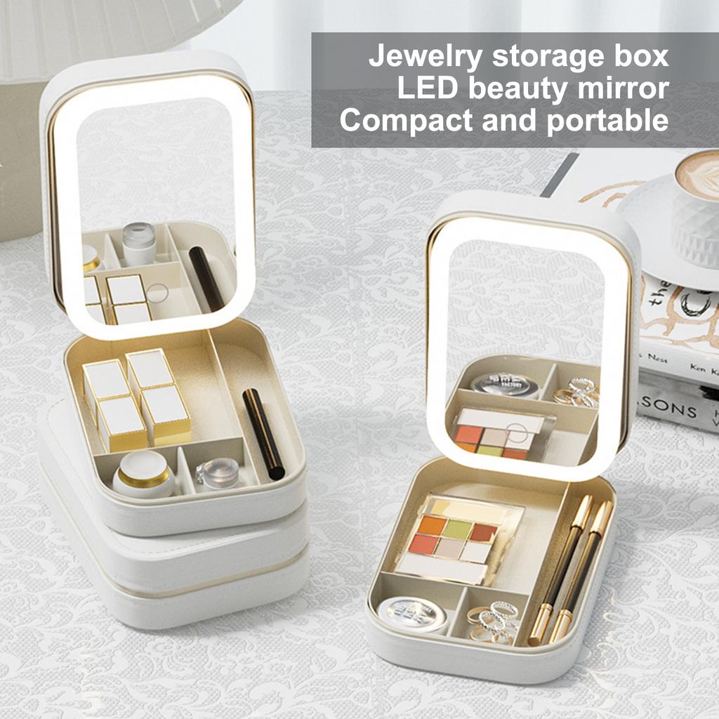 Makeup Storage Bag LED Mirror with Light Cosmetic Mirror Touch Control 3 Color Lighting Dust proof Divided Storage Box