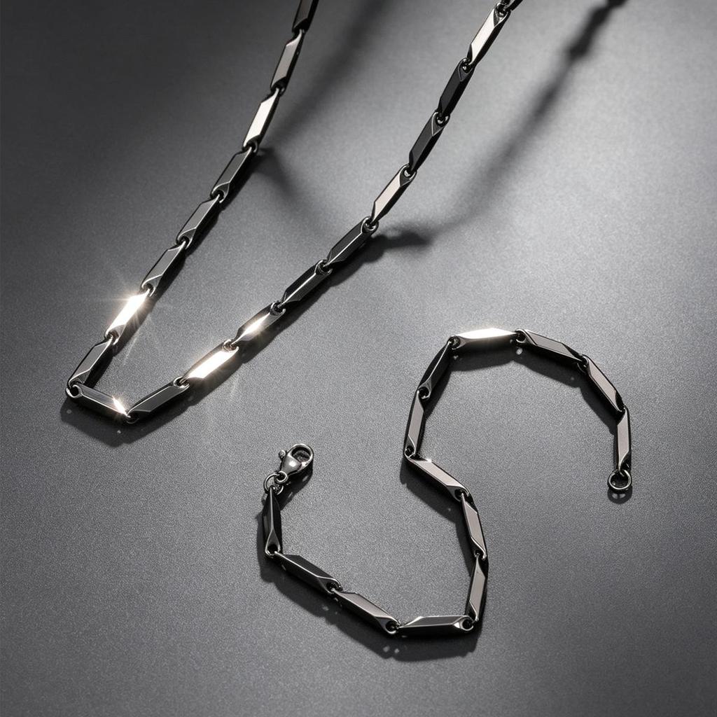 Men's Black Rhombus Bamboo Chain Necklace and Bracelet Set in Stainless Steel