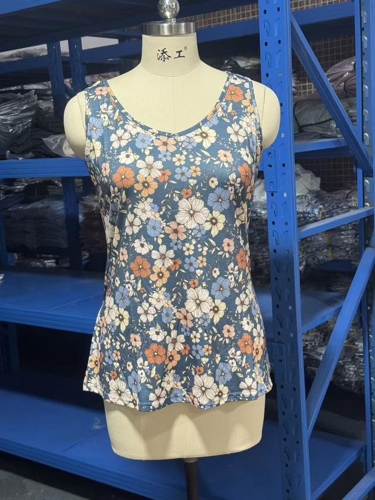 Women's V Neck Sleeveless Tank Top Loose Fit Vintage Floral Print Casual Vest Summer Fashion Basic Top