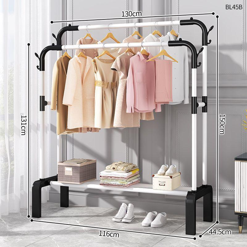 Plastic Floor-Standing Balcony and Bedroom Clothes & Hat Rack, with Folding Drying Pole and Storage.
