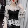 Drawstring Contrasting Color Patchwork Floral Shirt for Women's New Thin and Slimming French Style Top with Flared Sleeves