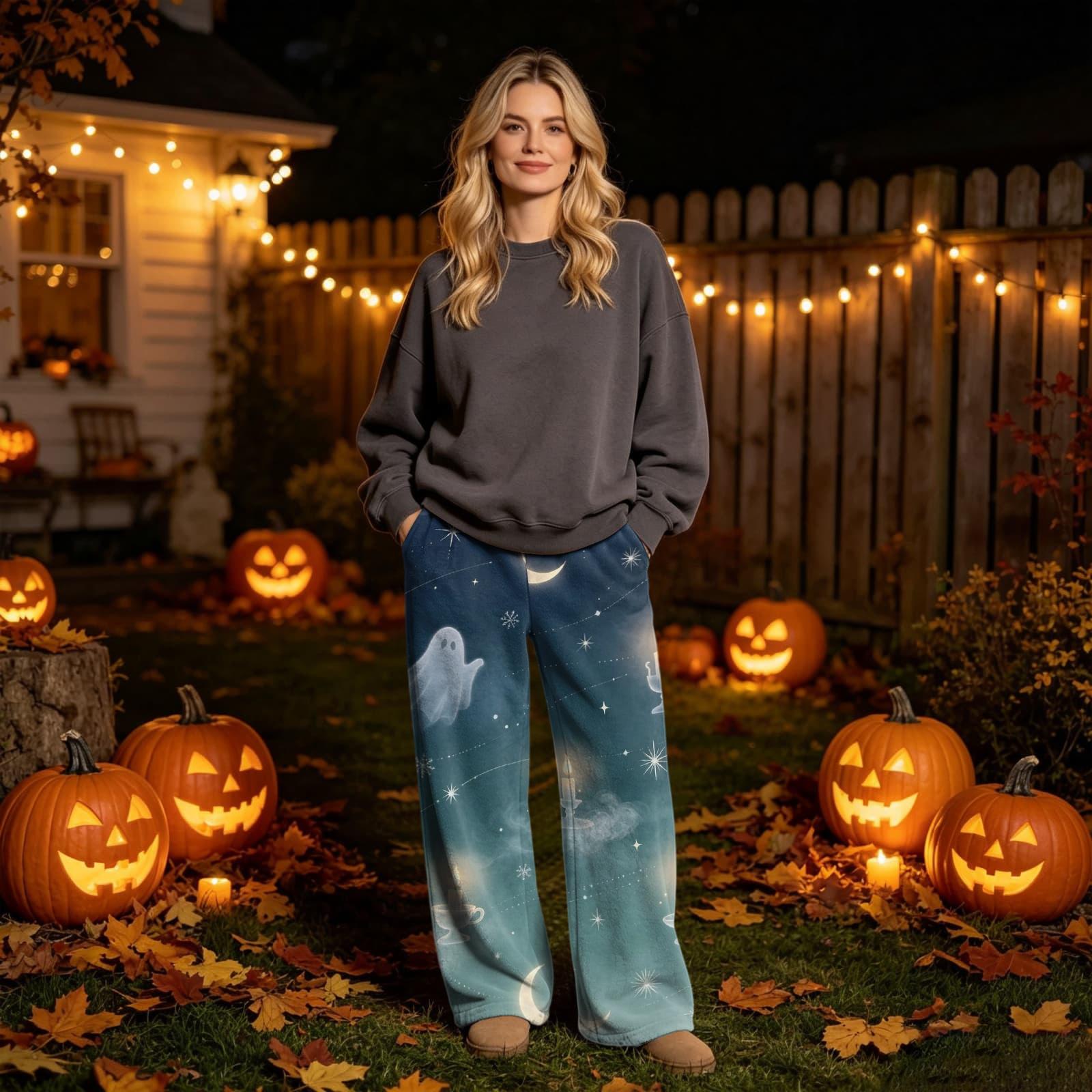 Damen-Flanellhose mit Halloween-Print für legere Herbstmode S weiß