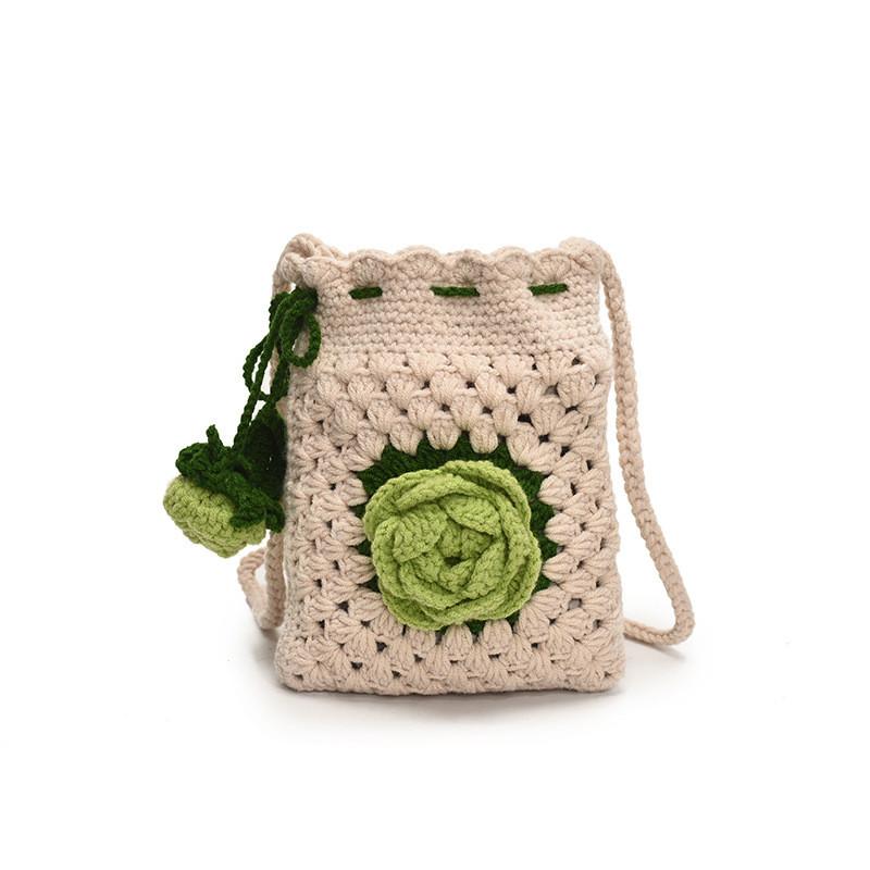 Cute Knitted Water Bucket Bag With Drawstring And Rose Design For Daily Casual Women