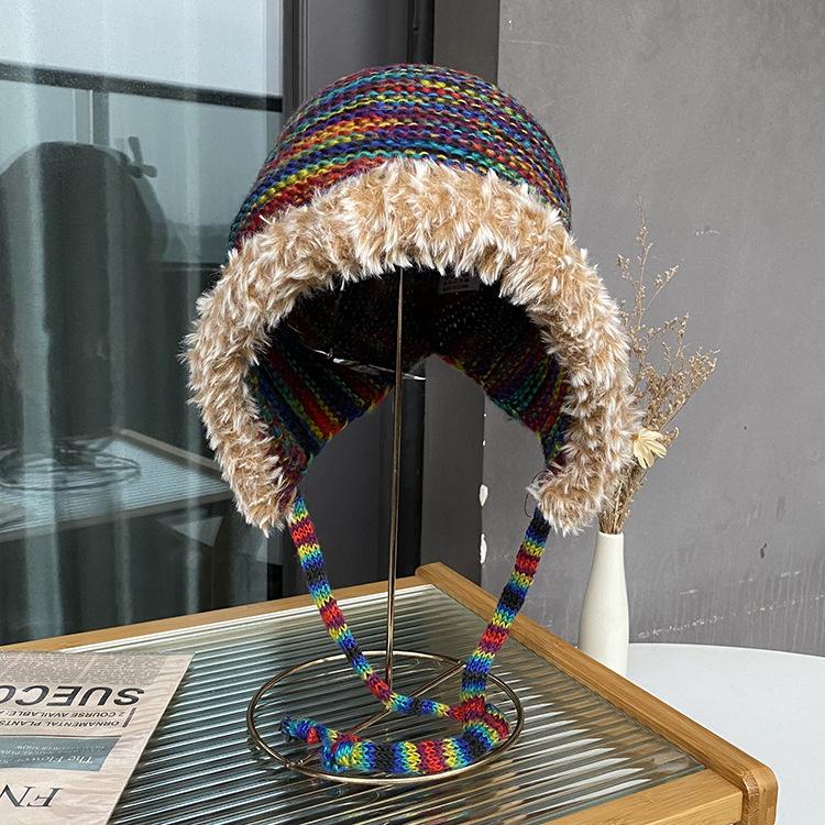 Fashion Handmade Crochet Colored Wool Hat Women Lace-Up Plush Edge Pullover Cold Hat Autumn And Winter Lei Feng Hat