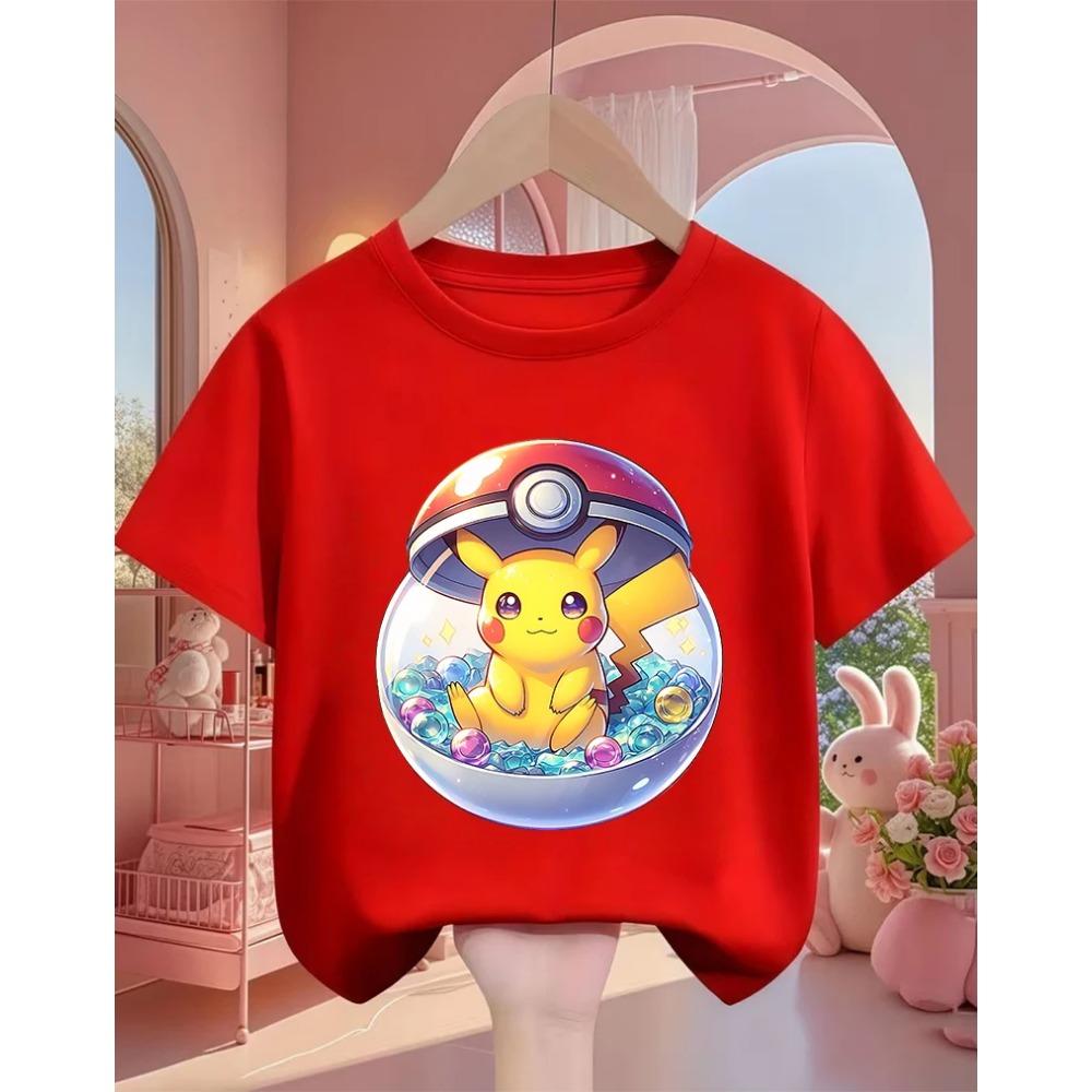 Crew Neck Cute Pikachu T Shirt 3-14Y Boys Girls Summer Kawaii Fashion Street Hot Cartoon Casual Children