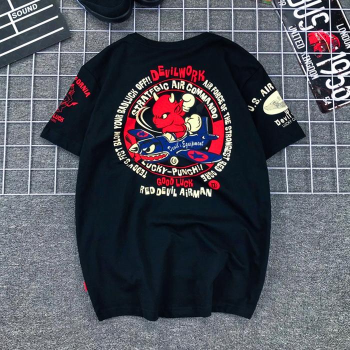 Japan Lucky Ghost Little Devil Shark Fighter Plane Printed Locomotive Cotton Short-sleeved T-shirt Men Women Half-sleeved Tide