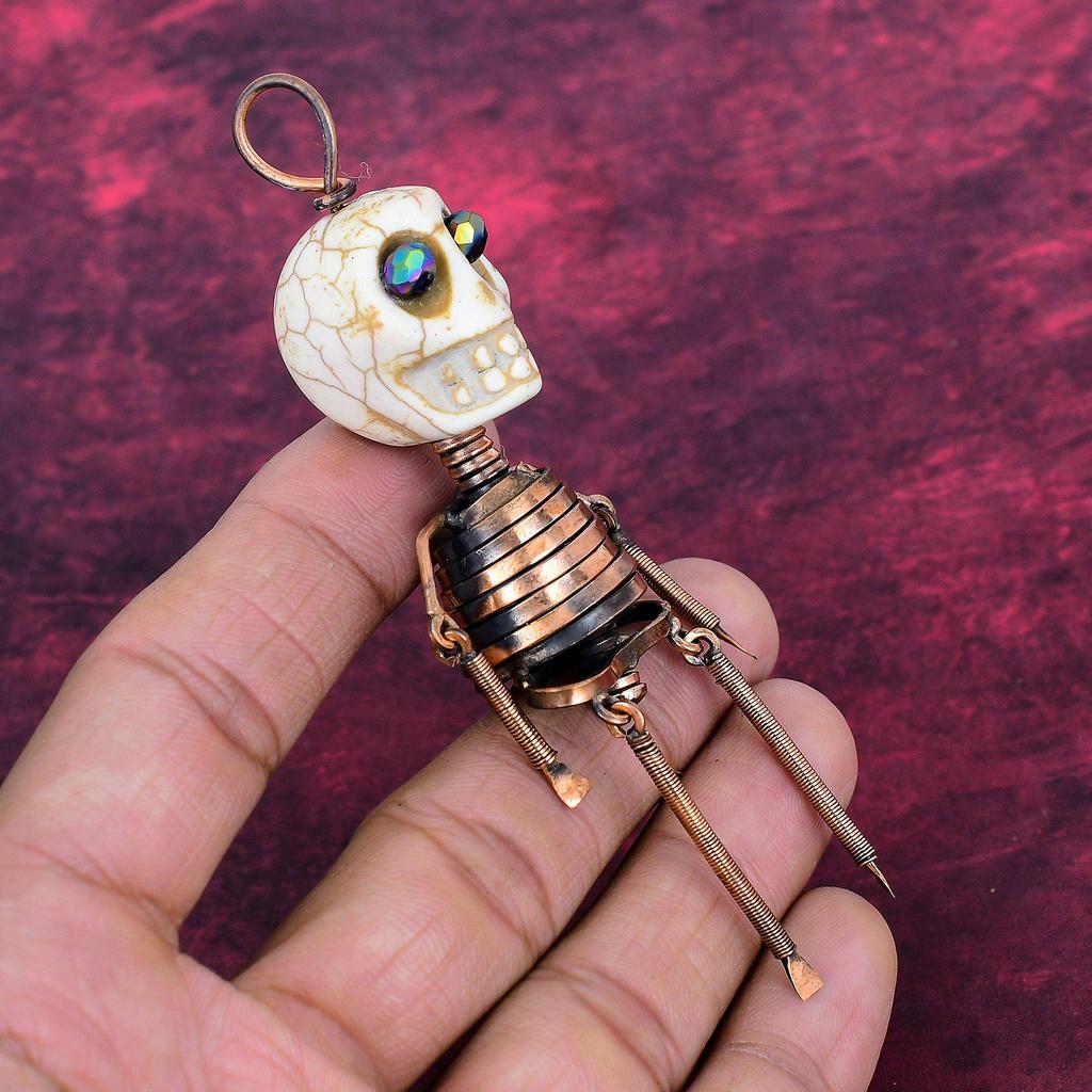 Howlite Pendant Copper Wire Wrapped Jewelry Titanium Bead Eyes & Skull Bone Face Pendant