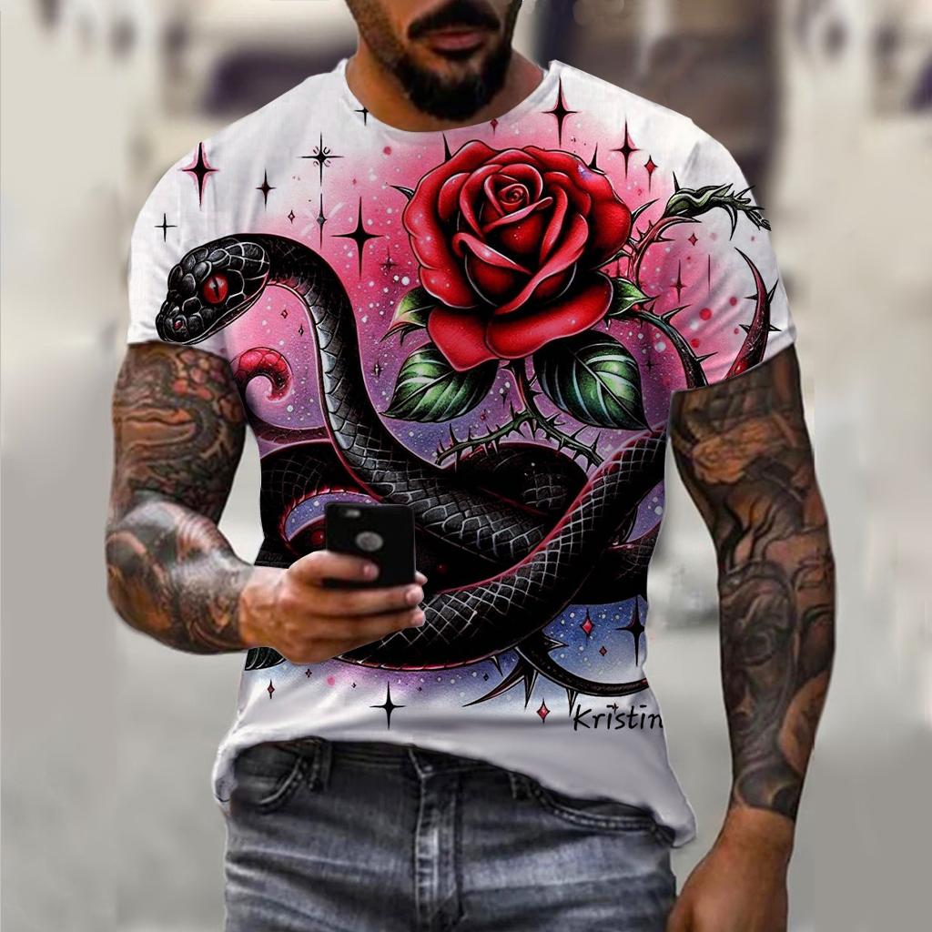 3D Printing 2025 New Year Snake Year Fierce Men's Casual Short Sleeve T-shirt Comfortable Breathable Retro Printed Short Sleeve
