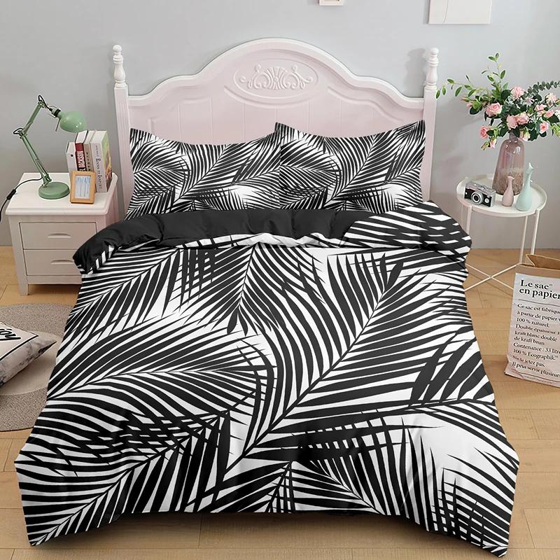 Tropical Botanical Leaves King Queen Duvet Cover Green Palm Leaves Polyester Bedding Set for Kids Teens Adults with Pillowcase