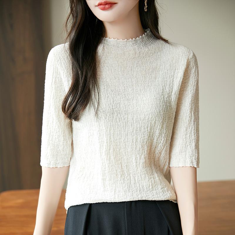 Pull en laine peignée pour l'automne et l'hiver, col semi-montant, manches moyennes, texture tricotée, plissé, couleur unie, manches trois-quarts, haut de base