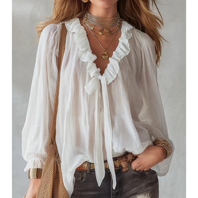 Damen Sommer Weißes Hemd Einfach Locker V-Ausschnitt Mode Uni Rüschen Spleißdesign Langarm Top Lässig Schnürung Blusen Damen