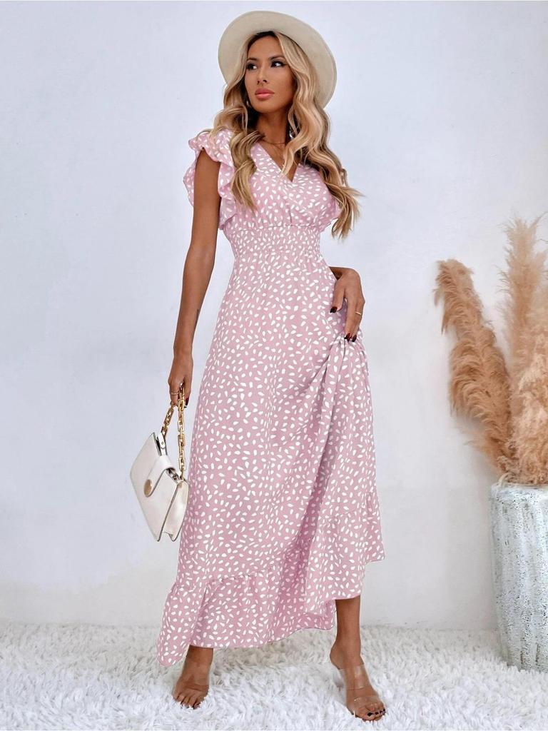 V-Ausschnitt Bedrucktes Kleid Taillenbetont Langer Rock mit Rüschenkante Elegantes Kleid für Damen Ärmellos Lockere Kleider Freizeitkleid