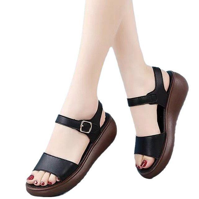 Leather Sandals Women's Summer Fashion New Soft-soled Non-slip Women's Work Casual Versatile Medium Heel Thick-soled Muffin Shoes
