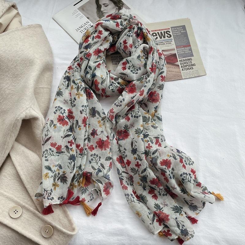 Spain Luxury Fashion Lovely Floral Tassel Viscose Shawl Scarf Lady Print Pashmina Stole Wrap Snood Bufandas Muslim Hijab