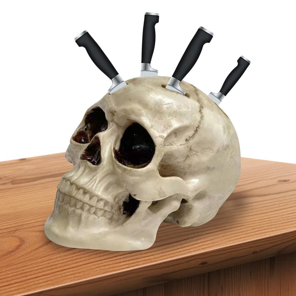 Skull Knife Holder Personalized Skull Shaped Knife Block Resin Kitchen Knife Storage for Kitchen Cutlery Display Organizer beige