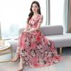 2026 Spring and Summer V-neck New Fashion Korean Version of Ice Silk Printing Dress Waist Slim Knee Super Long Dress
