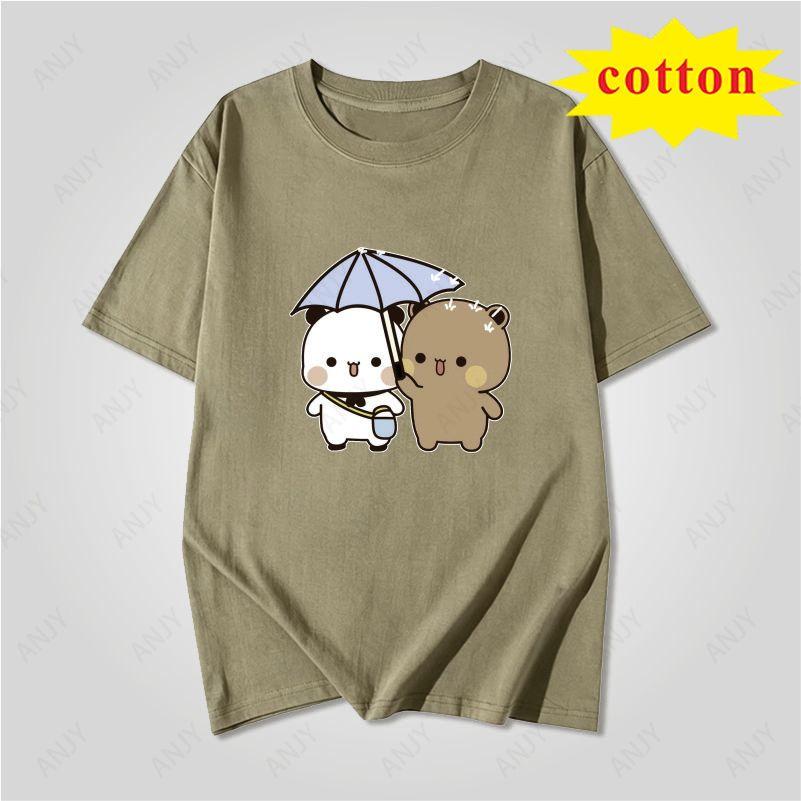 Japanese Soft Cute Animal Tshirt Cute Panda Bear Feeding Cat Pattern Loose Round Neck Top