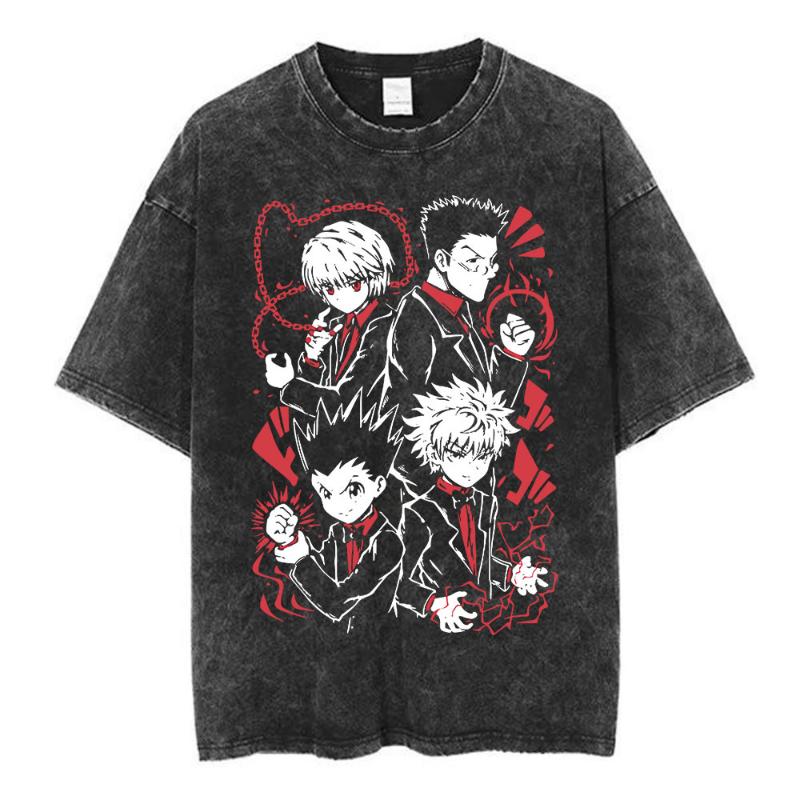 Anime Hunter X Hunter Logo Vintage Washed T Shirt Killua Gon Cherry Blossom Graphic T-shirt Men Fashion Casual Oversized Tshirt
