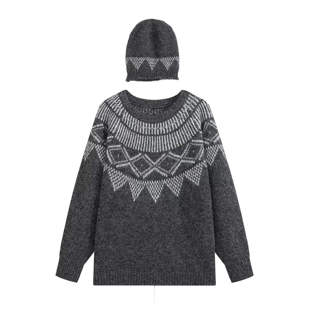 European & American 2026 Women's Fashion: Loose Jacquard Knit Sweater Set with Hat.
