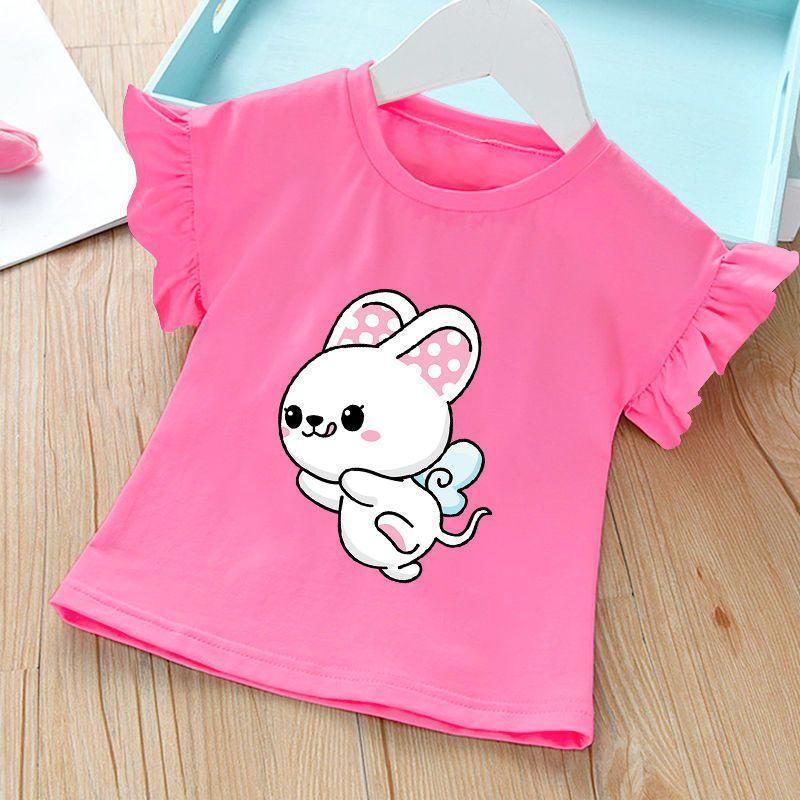 Round Neck Cute Printed Top New Summer Girl Baby Short Sleeved T-shirt Ruffled Bottom Shirt