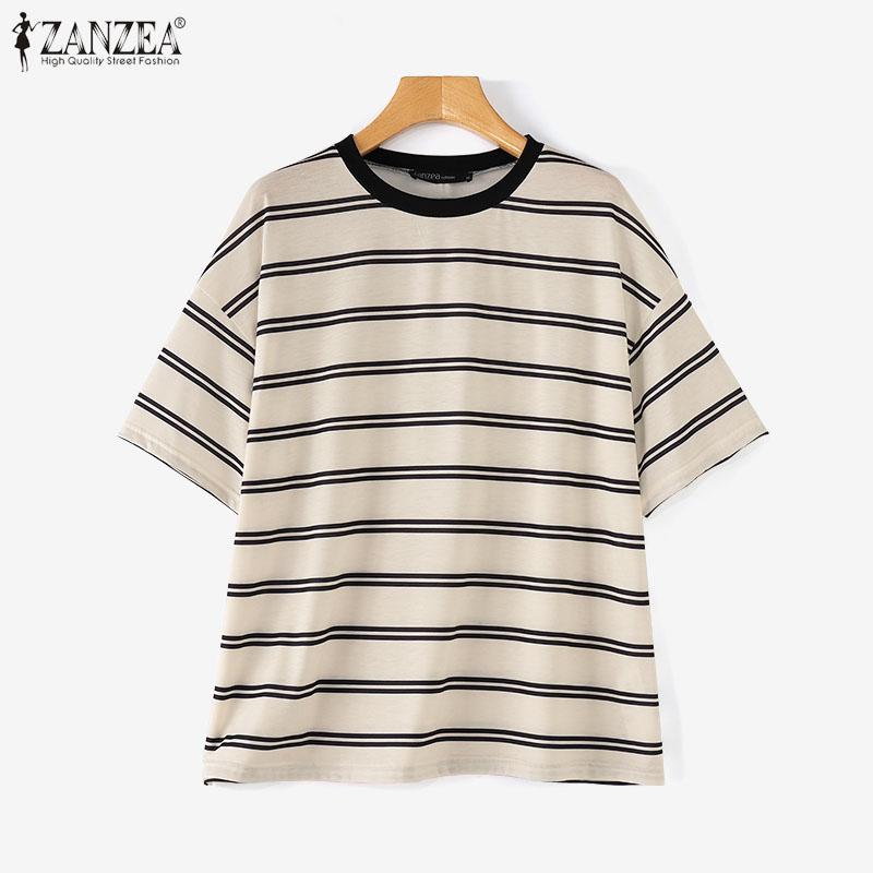 ZANZEA Women Summer Casual Round Neck Striped Short Sleeve Pajama Blouse