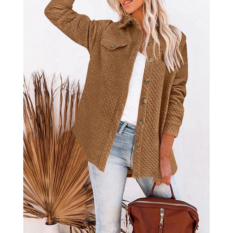 Womens Solid Color Diamond Pocket Casual Buttoned Collared Jacket