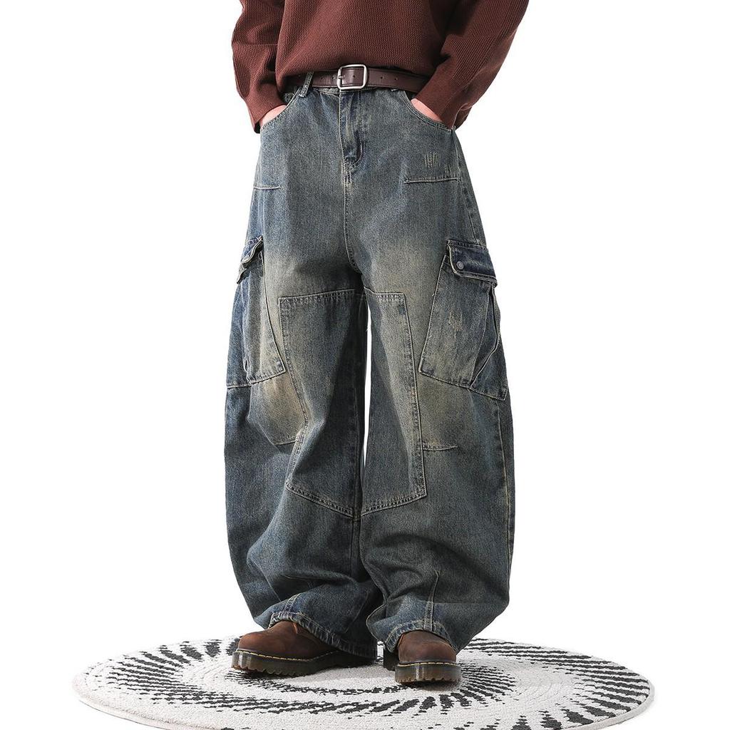 Unisex Street Style Distressed Scimitar Wide-Leg Cargo Jeans