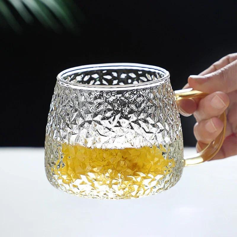 Kaffeetasse mit Hammermuster, hitzebeständig, Glasbecher für Saftpressen, transparente Teetasse im japanischen Stil mit Handgriff für das Trinken im Haushalt