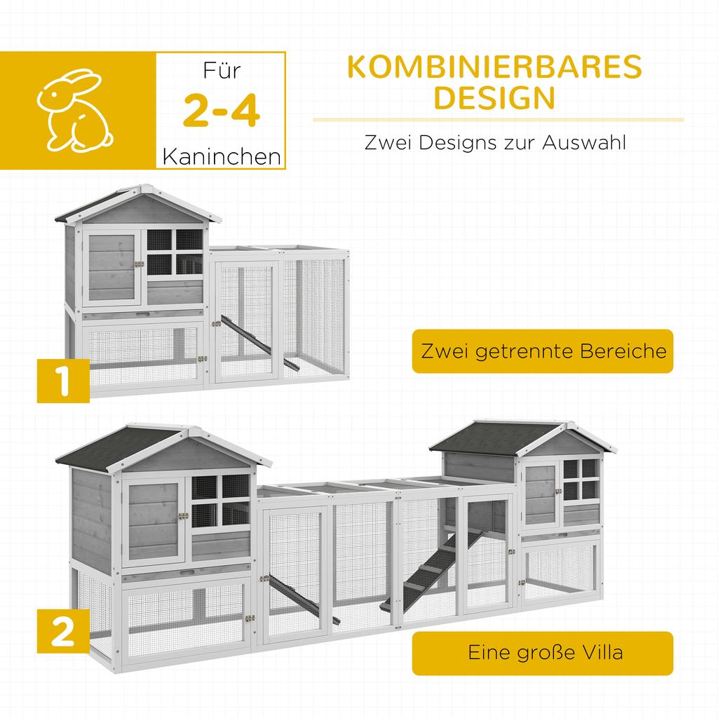 Garenne pour petit animal, clapier à lapins, enclos extérieur, abri, rampe, tiroirs de sol extensibles, blanc + gris