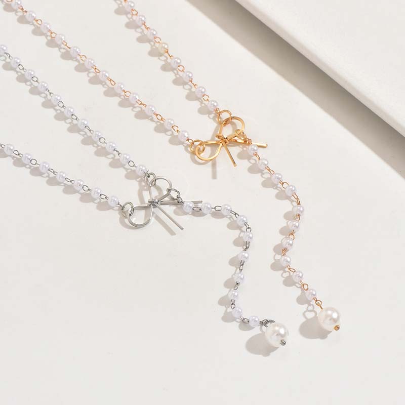 Vintage White Imitation Pearl Tassel Necklace for Women Fashion Gold Color Handmade Beaded Clavicle Chain Necklace Jewelry