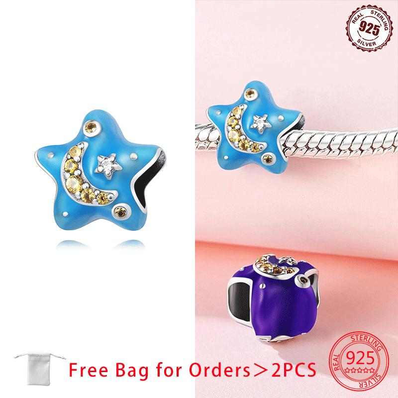 Copper Blue Zircon Heart Love Starry Sky Moon Stars Charms Beads Fit Diy Bracelet Women Jewelry Delicate Fine Gift