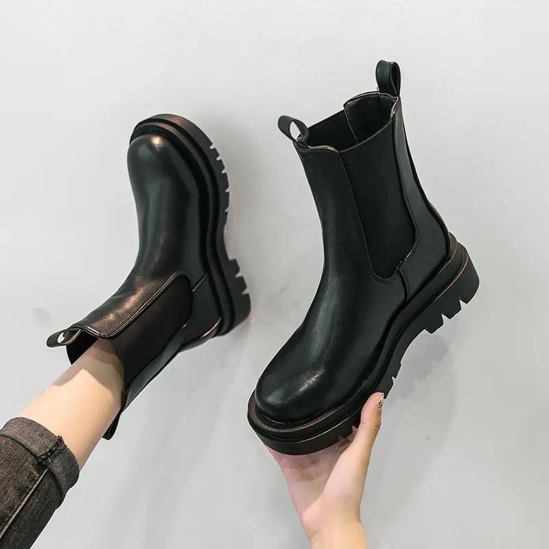 Dámské Chelsea Boots Jaro Nové Černá Střední Kotníková Plochá Platforma Dámské Boty Dámské All Match Klasické Stručné Módní Boty s kulatou špičkou