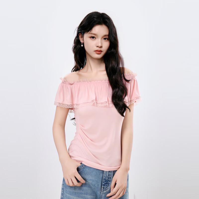 Qiu Shui Yi Ren Off-Shoulder Lace T-Shirt L