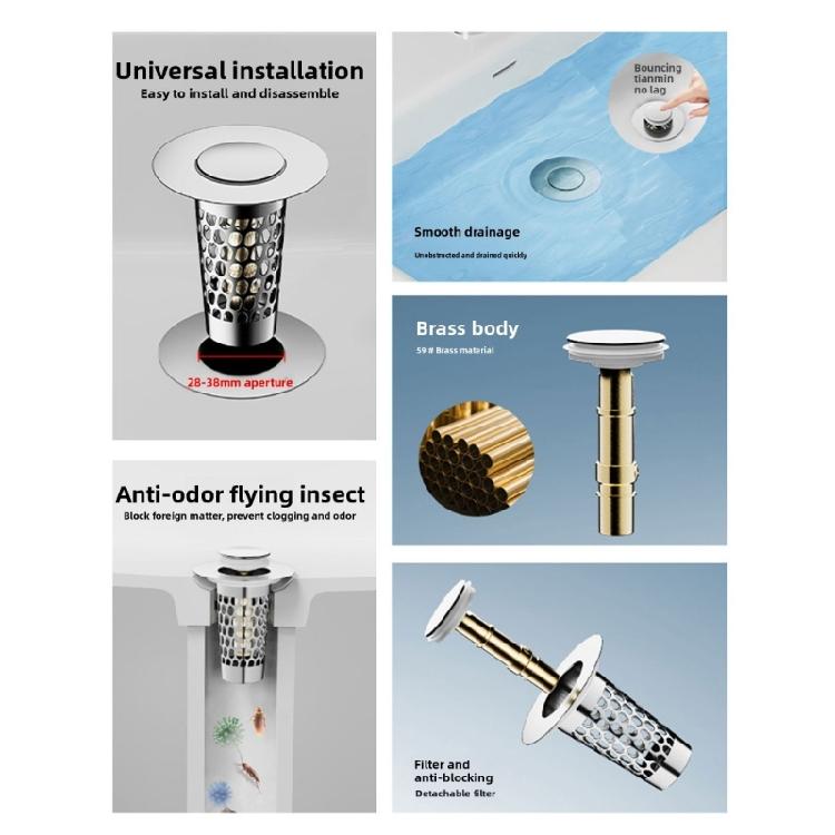 Sink Drain Strainer Basket Metal Drain Plug Push Type Bounce Cores Drain Filter AntiClogging Sink Stoppers Enduring