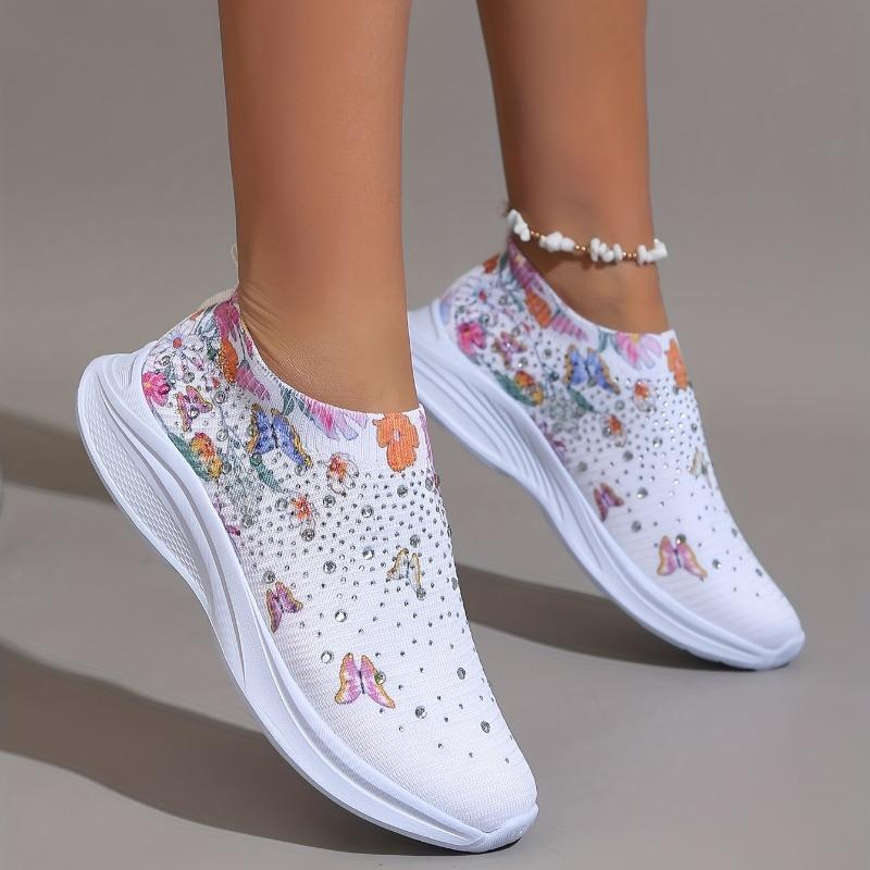 Women's Rhinestone Decor Slip On Sneakers with Floral & Butterfly Print - Breathable Knit Running Shoes
