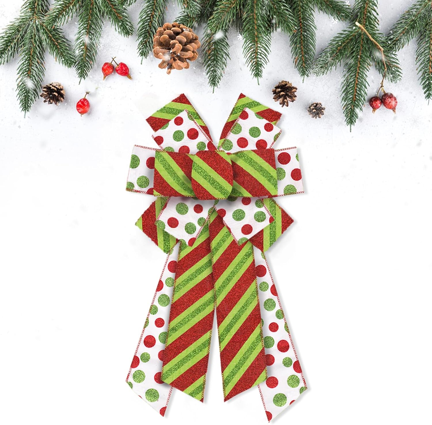 

Large Christmas Wreath Bows Holiday Green Stripes Dots Burlap Bow Xmas Tree Craft Bows for Front Door Christmas New Year Decor 20.81 x 11.42 in