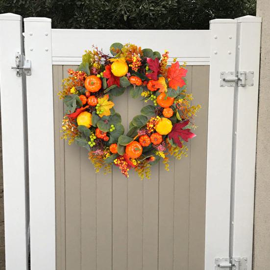 Fall Pumpkin Wreath Front Door Autumn Maple Leaf Harvest Realistic Simulation Wreath Indoor Outdoor Thanksgiving Home Decor