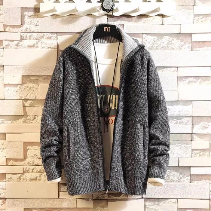 Maglione casual da uomo in pile spesso e invernale, di grandi dimensioni, con colletto alto, cardigan