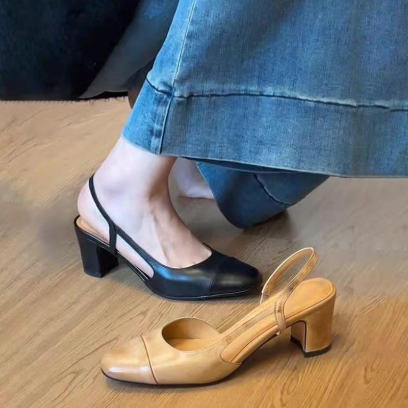 2025 Fashion Slingback Women Pumps Shoes Chunky Mid Heels Round Toe Cow Leather Summer Sandals Slip-On Shoes Dress 35-39