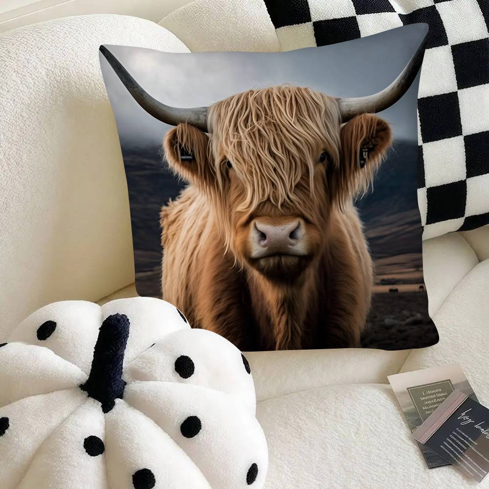 Highland Cattle Pillow Case Fashion Square Pillowcase Bedroom Sofa Room Ins Decoration Leisure