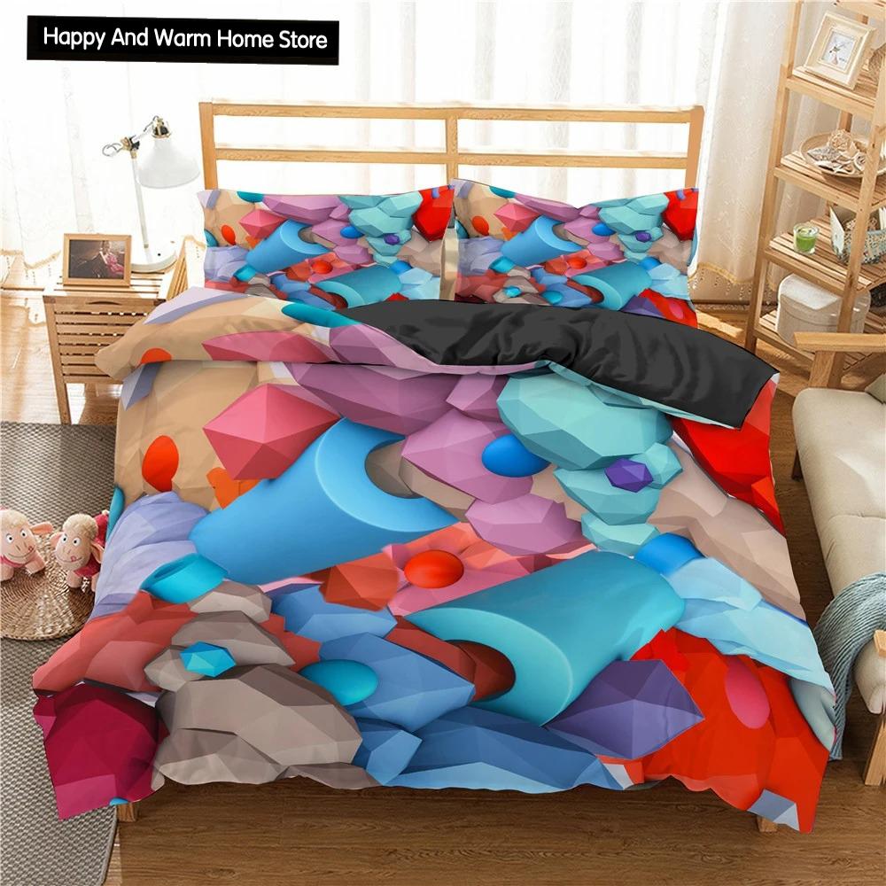 Building Block King Queen Duvet Cover Colorful Brick Bedding Set for Boys Teens Adults Cartoon 2/3pcs Polyester Comforter Cover
