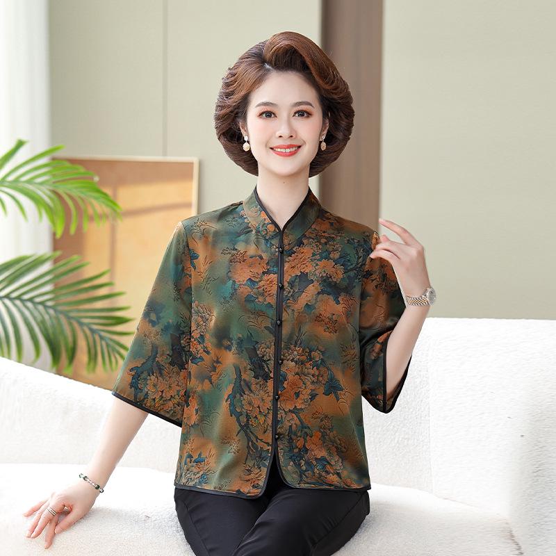 

Xiangyunsha Chinese Style Silk Blouse - Mother s Day Edition, Women s Three-Quarter Sleeve, Summer Top in Genuine Mulberry Silk. 2XL (110-120 lbs) зелений