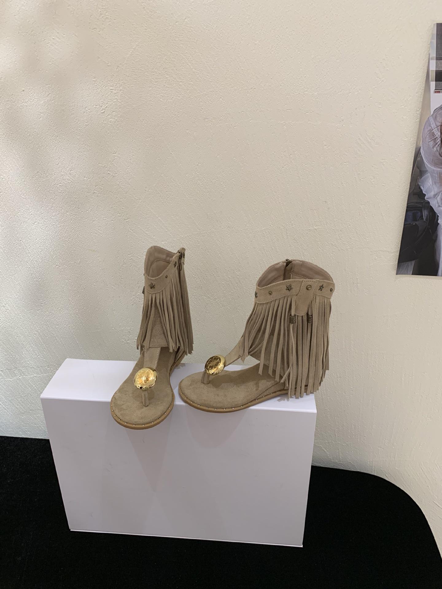

2025 summer Korean version of toe suede new women s sandals rivet tassel side zipper inner height increase cool boots 39 хаки