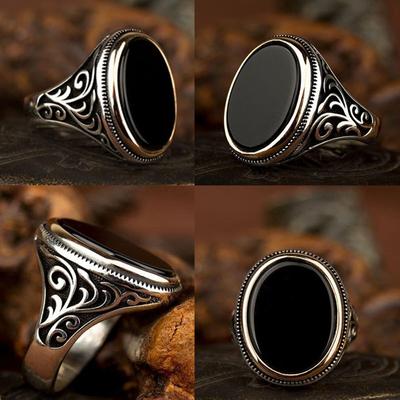 Punkboy Vintage Stil Herrenring Geschnitztes Muster Schwarzer Eiförmiger Kristall Zinklegierung Farbe Ring für Männliche Party Zirkon Größe 6-13