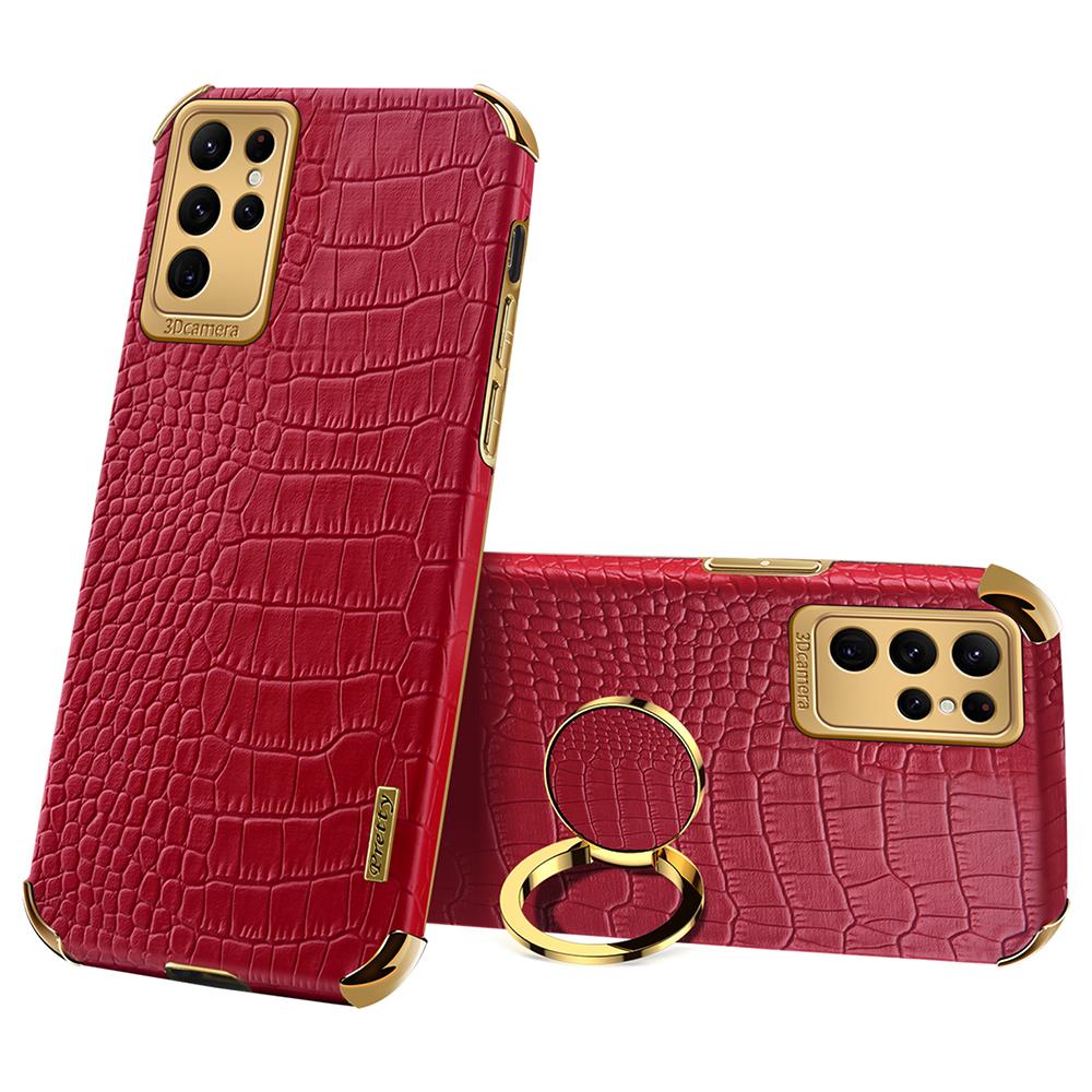 For Samsung Galaxy S24 Ultra Cell Phone Case Crocodile Texture Ring Kickstand Leather+TPU Cover
