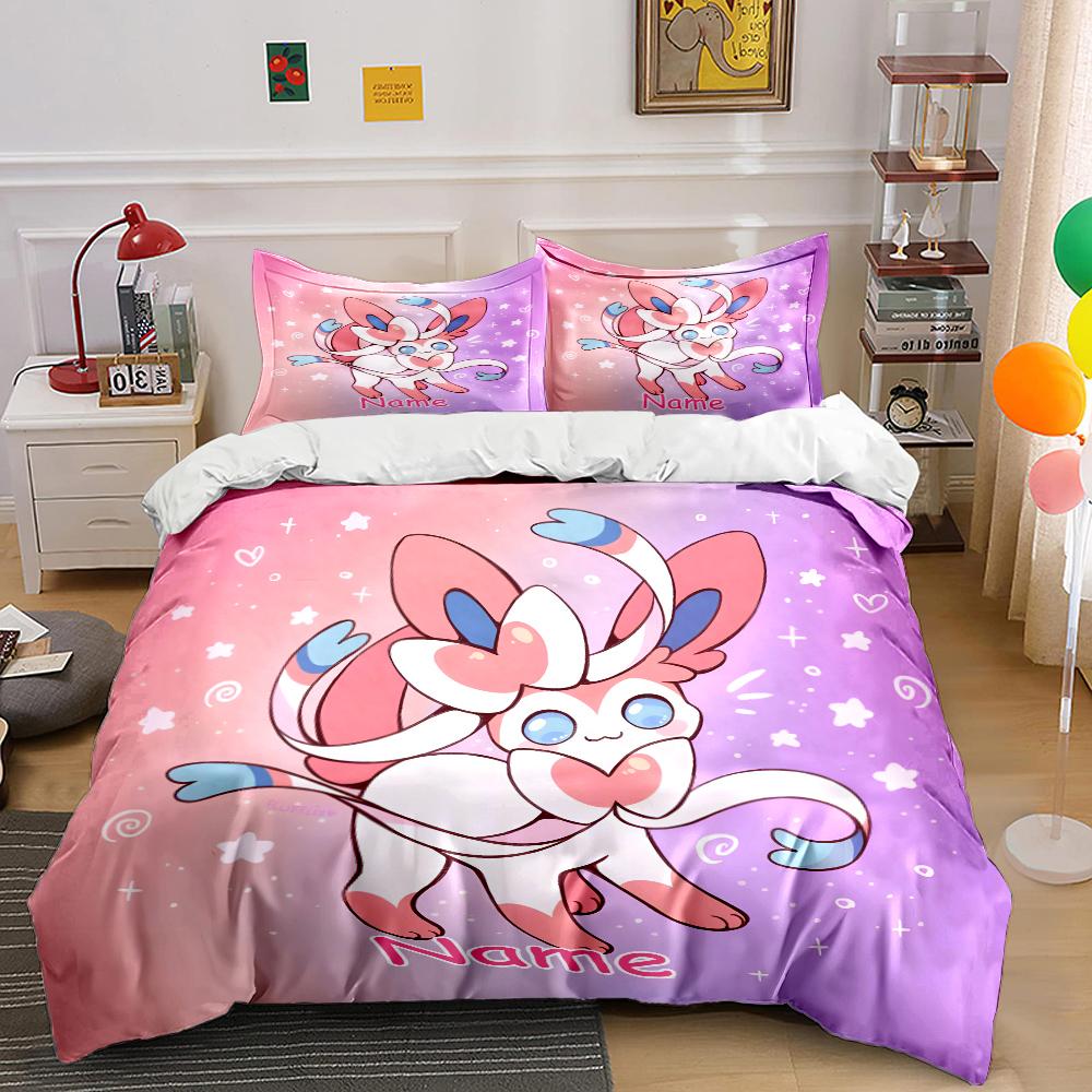 

3PC Personalized Name Custom Sylveon Print Bedding Set Adult and KID, Single and Double Pillowcases and Duvet Covers, Great Gift 135x200cm