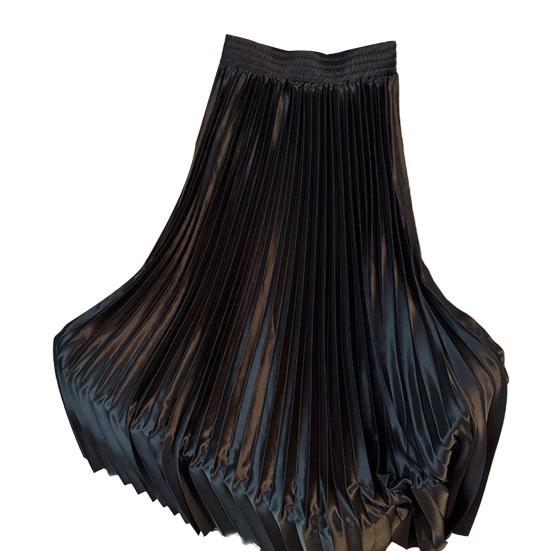Maxi Skirt High Waist Glossy Long Skirt Solid Color Pleated Design Large Hem Dance Skirt Work Leisure Daily Wear