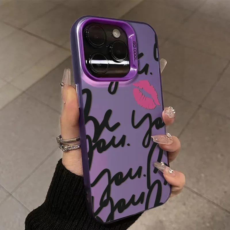 English Letter Lips Label Phone Case For iPhone 16 15 Pro Max 14 13 12 11 Pro XR XS 7 8 16 Plus SE2 Shockproof Cover
